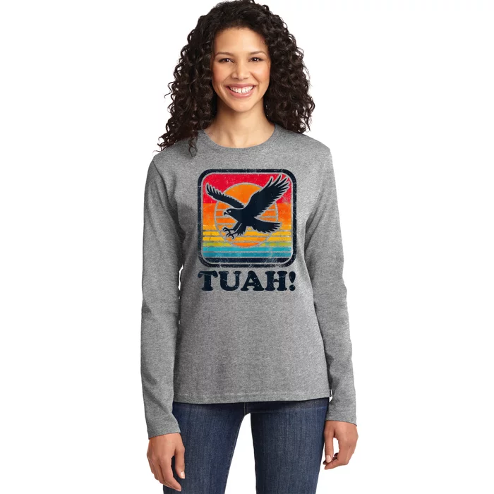 Funny Hawk Tuah Tush Camping Hiking Ladies Long Sleeve Shirt