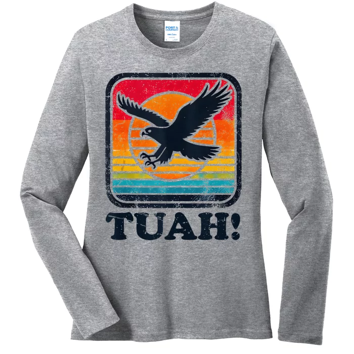 Funny Hawk Tuah Tush Camping Hiking Ladies Long Sleeve Shirt