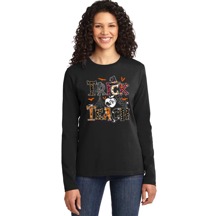 Fall Holiday Themed Thanksgiving Halloween Trick Or Teacher Ladies Long Sleeve Shirt