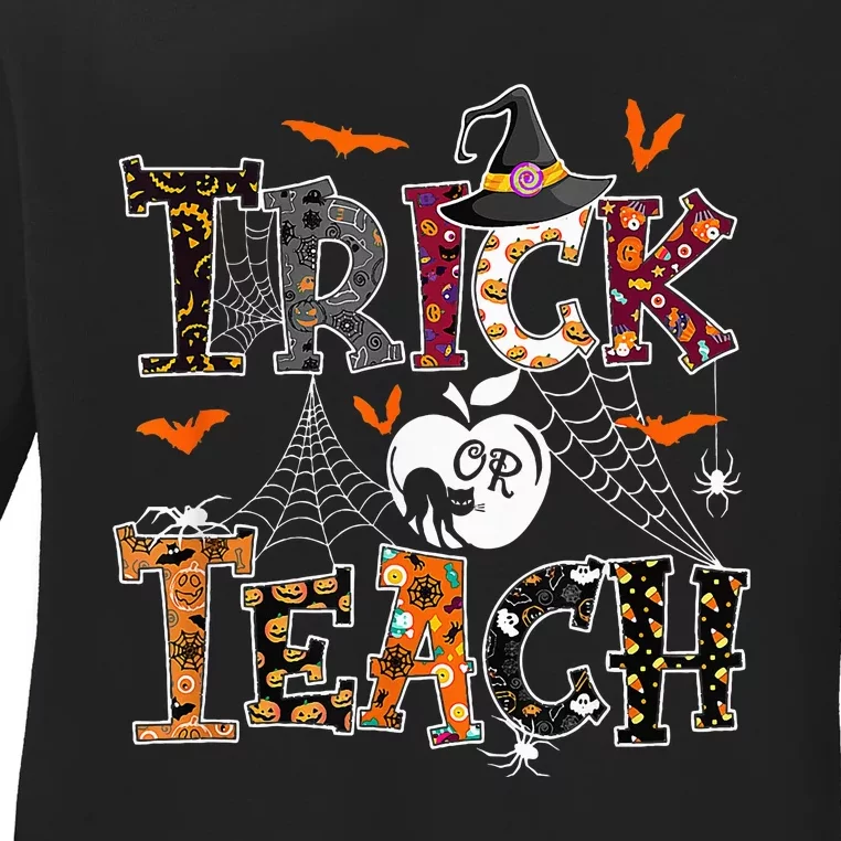 Fall Holiday Themed Thanksgiving Halloween Trick Or Teacher Ladies Long Sleeve Shirt