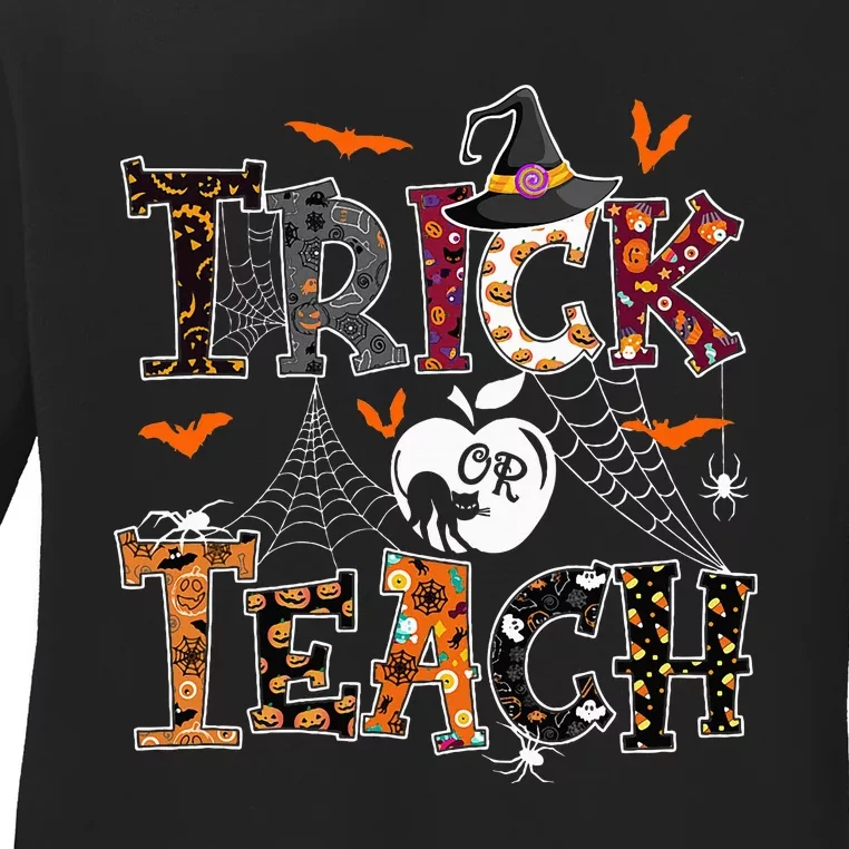 Fall Holiday Themed Thanksgiving Halloween Teacher Trick Or Ladies Long Sleeve Shirt