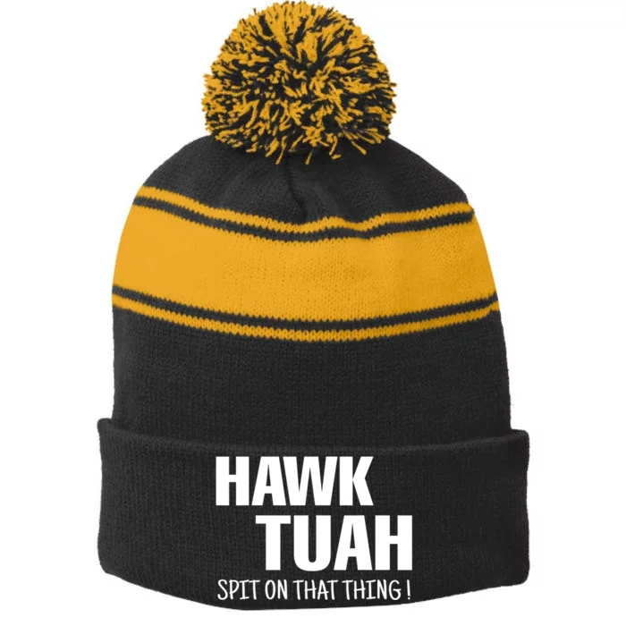 Funny Hawk Tuah... Spit On That Thing Gift Stripe Pom Pom Beanie