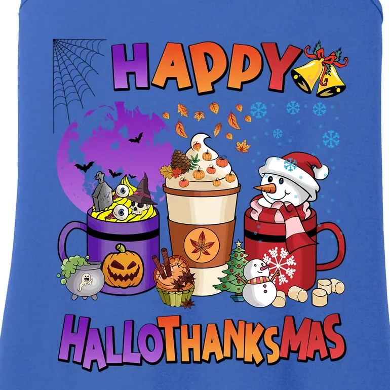 Funny Halloween Thanksgiving Christmas Happy Hallothanksmas Funny Gift Ladies Essential Tank