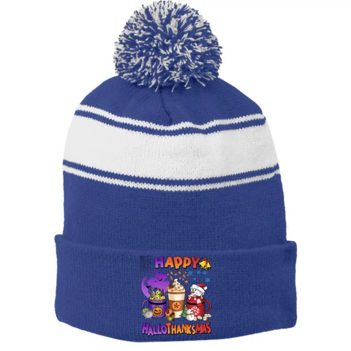 Funny Halloween Thanksgiving Christmas Happy Hallothanksmas Funny Gift Stripe Pom Pom Beanie