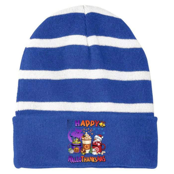 Funny Halloween Thanksgiving Christmas Happy Hallothanksmas Funny Gift Striped Beanie with Solid Band