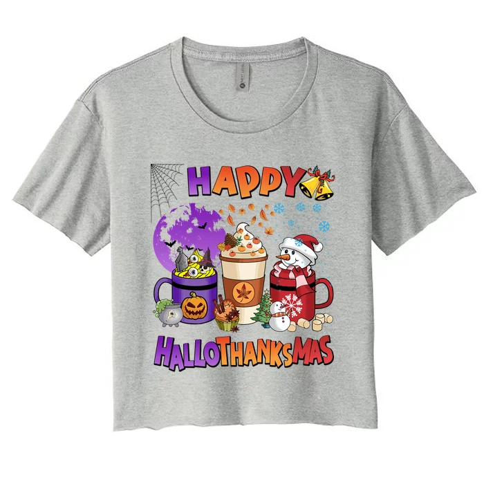 Funny Halloween Thanksgiving Christmas Happy Hallothanksmas Funny Gift Women's Crop Top Tee