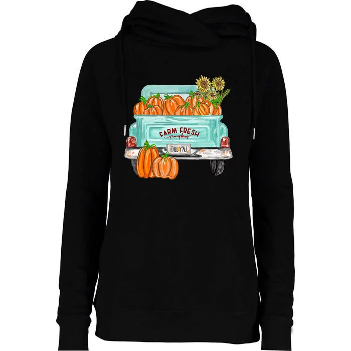 Fall Harvest Truck Pumpkin Sunflower Womens Funnel Neck Pullover Hood