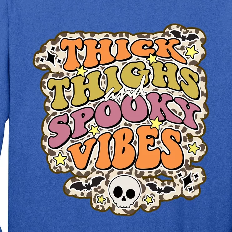 Funny Halloween Thick Thighs And Spooky Vibes Retro Skeleton Funny Gift Tall Long Sleeve T-Shirt