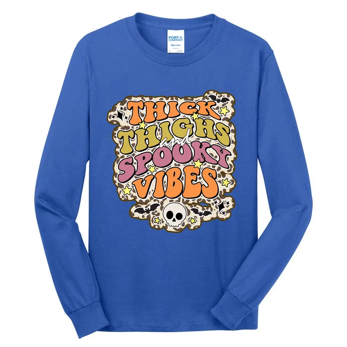 Funny Halloween Thick Thighs And Spooky Vibes Retro Skeleton Funny Gift Tall Long Sleeve T-Shirt