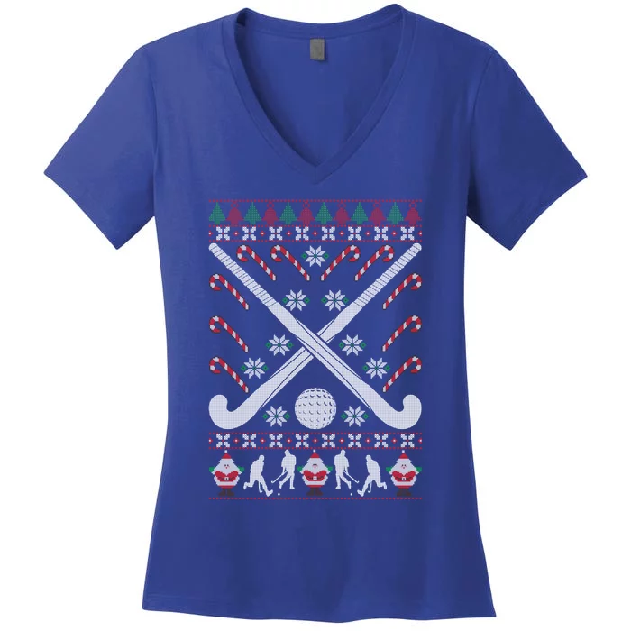 Field Hockey Ugly Christmas Funny Holiday Xmas Gift Women's V-Neck T-Shirt