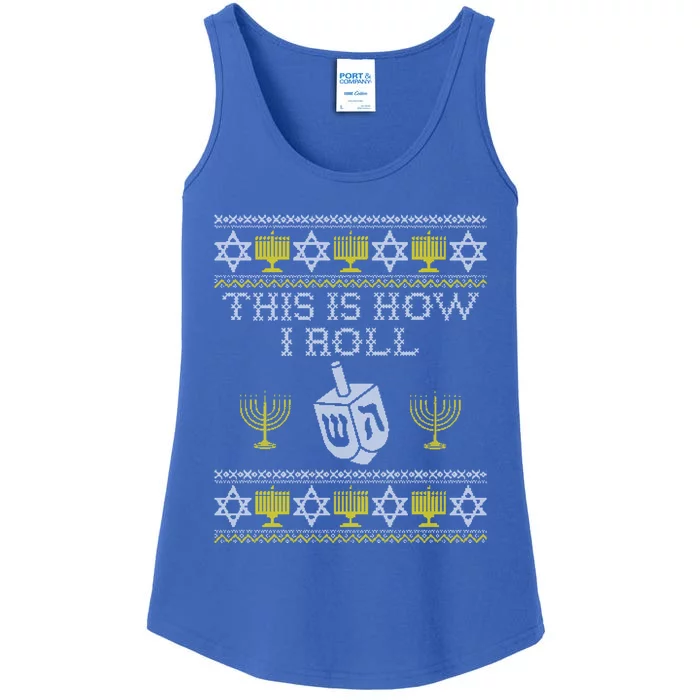 Funny Hanukkah Ugly Sweater Print This Is How I Roll Dreidel Gift Ladies Essential Tank