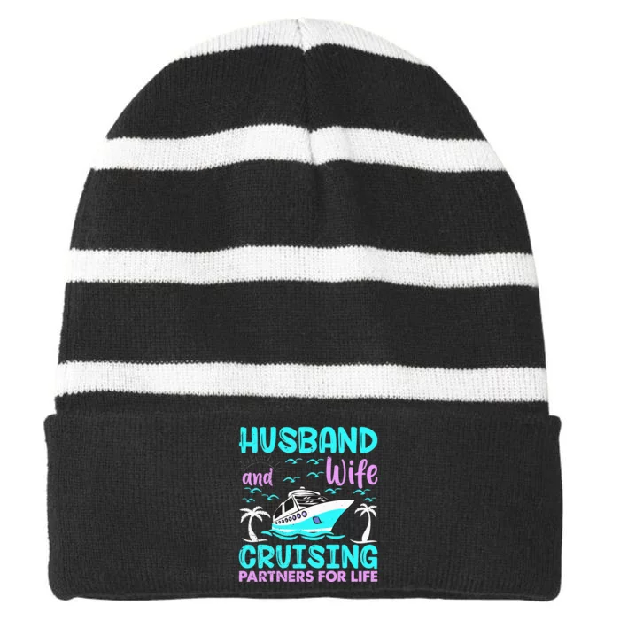 funny Husband Wife Cruising Partners for Life Striped Beanie with Solid Band