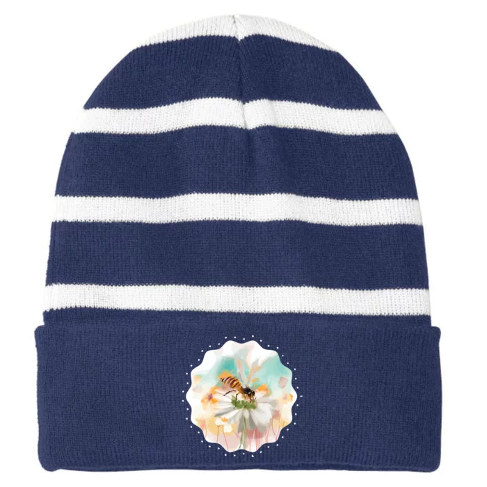 Flowers Honeybee Watercolor Striped Beanie with Solid Band