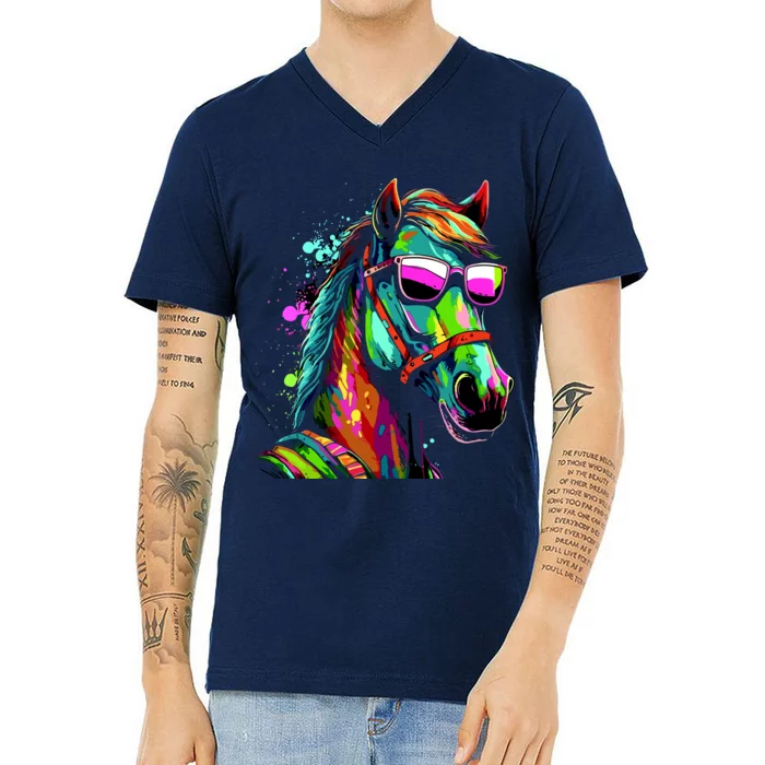 Funny Horse Wearing Sunglasses Abstract Art V-Neck T-Shirt