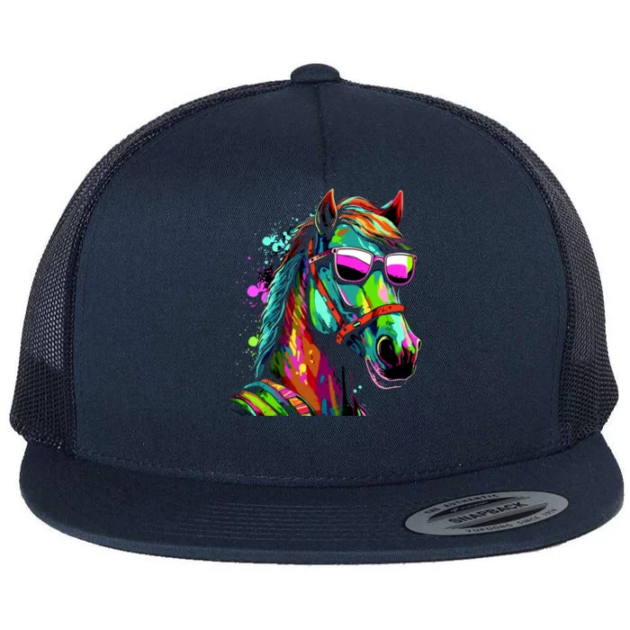 Funny Horse Wearing Sunglasses Abstract Art Flat Bill Trucker Hat