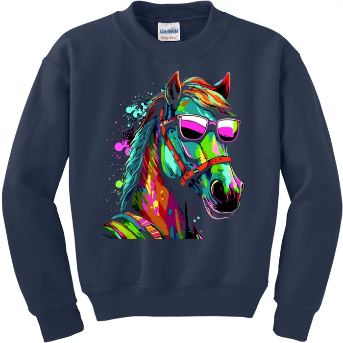 Funny Horse Wearing Sunglasses Abstract Art Kids Sweatshirt