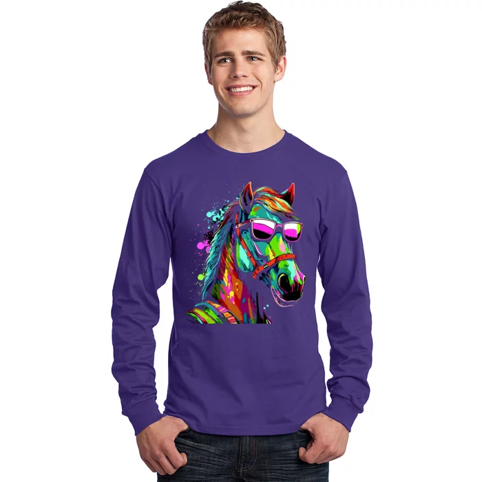 Funny Horse Wearing Sunglasses Abstract Art Long Sleeve Shirt