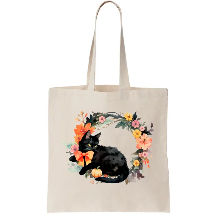 Floral Halloween Wreath Cute Black Cat Tote Bag