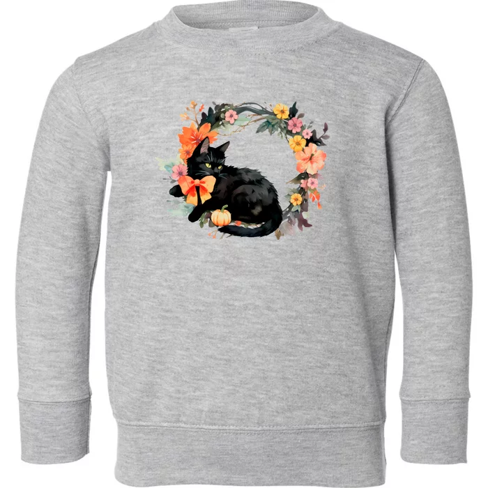 Floral Halloween Wreath Cute Black Cat Toddler Sweatshirt