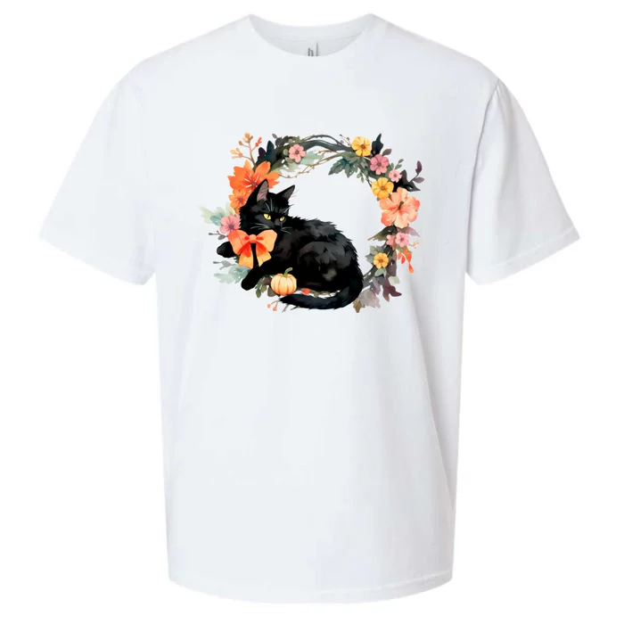 Floral Halloween Wreath Cute Black Cat Sueded Cloud Jersey T-Shirt