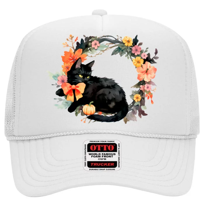 Floral Halloween Wreath Cute Black Cat High Crown Mesh Trucker Hat