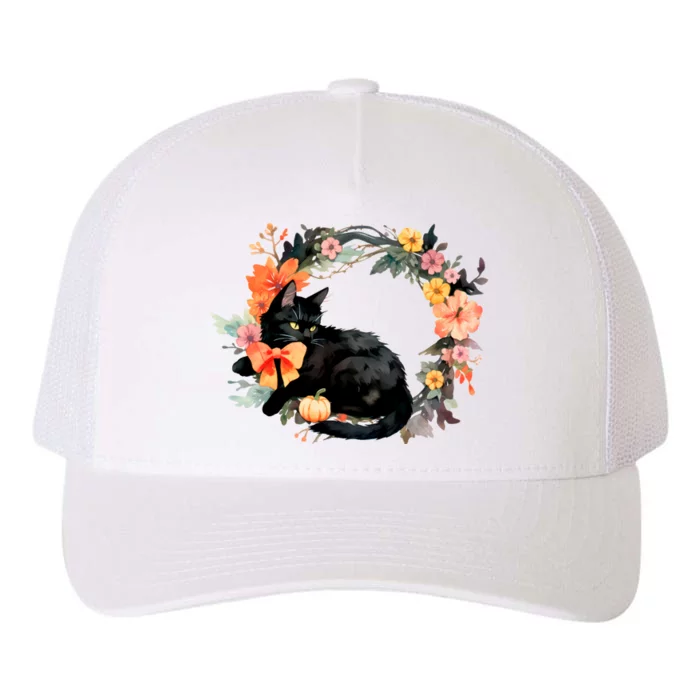 Floral Halloween Wreath Cute Black Cat Yupoong Adult 5-Panel Trucker Hat