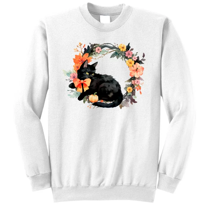 Floral Halloween Wreath Cute Black Cat Sweatshirt