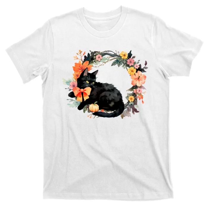 Floral Halloween Wreath Cute Black Cat T-Shirt