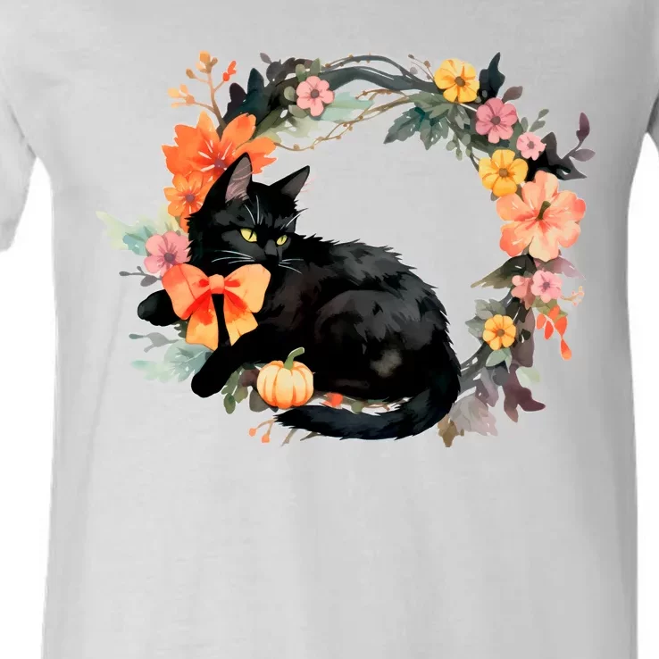 Floral Halloween Wreath Cute Black Cat V-Neck T-Shirt