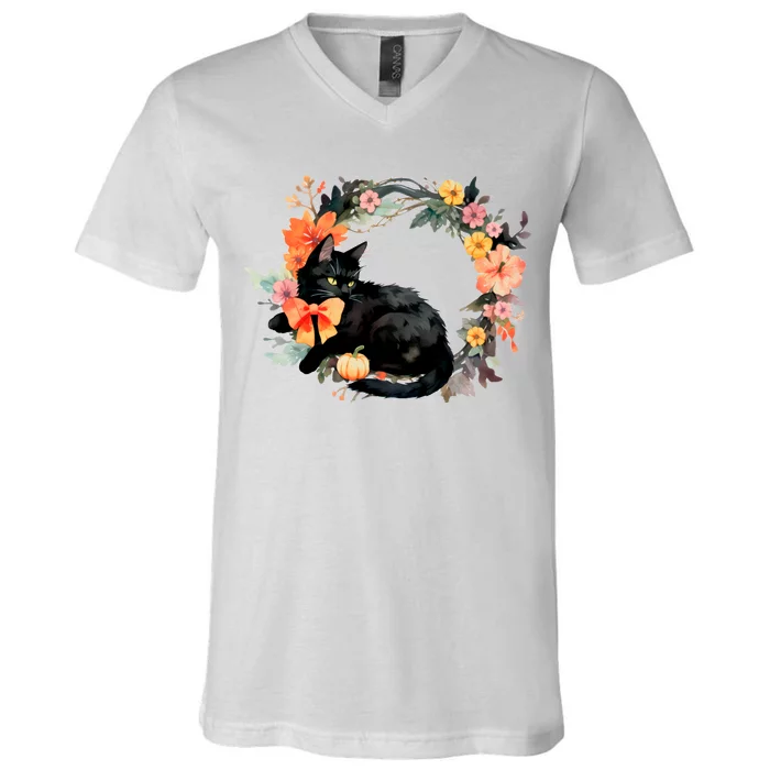 Floral Halloween Wreath Cute Black Cat V-Neck T-Shirt