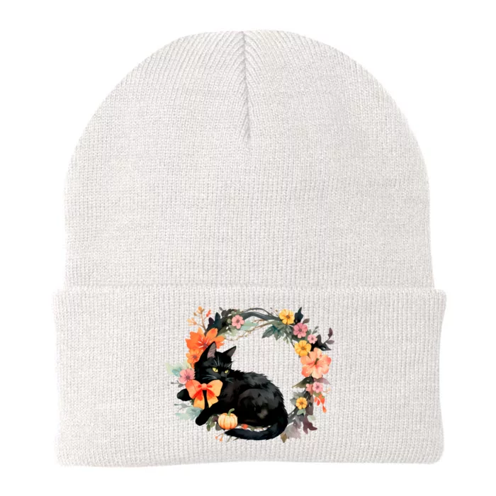 Floral Halloween Wreath Cute Black Cat Knit Cap Winter Beanie