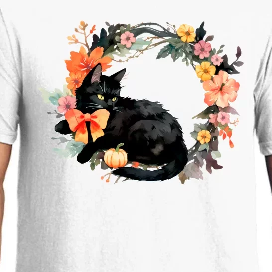 Floral Halloween Wreath Cute Black Cat Pajama Set