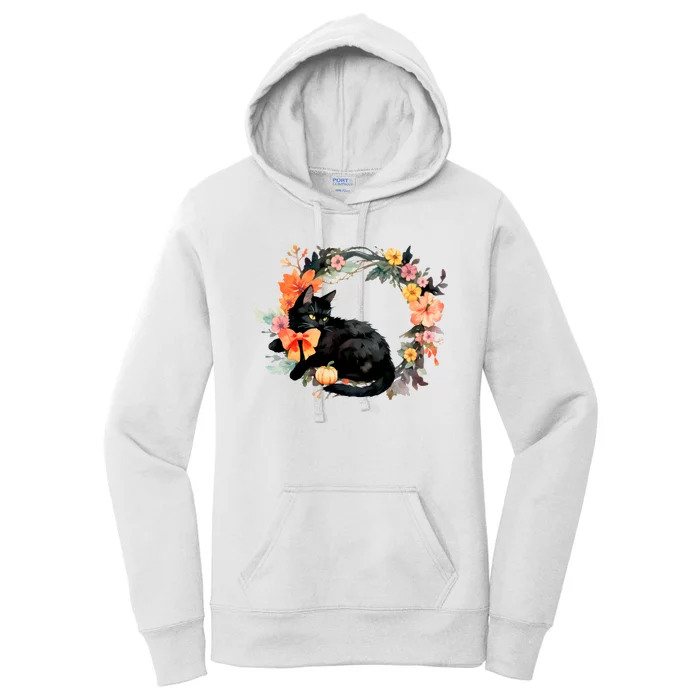 Floral Halloween Wreath Cute Black Cat Women's Pullover Hoodie