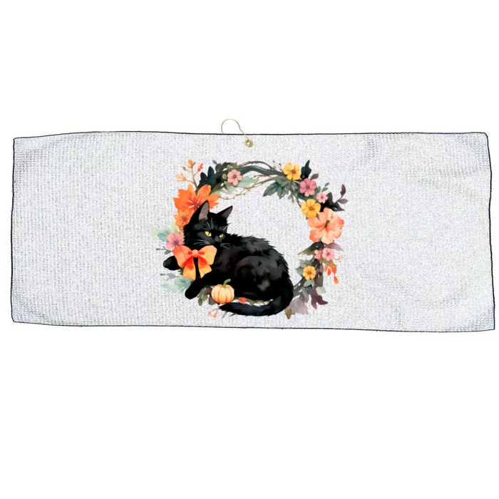 Floral Halloween Wreath Cute Black Cat Large Microfiber Waffle Golf Towel