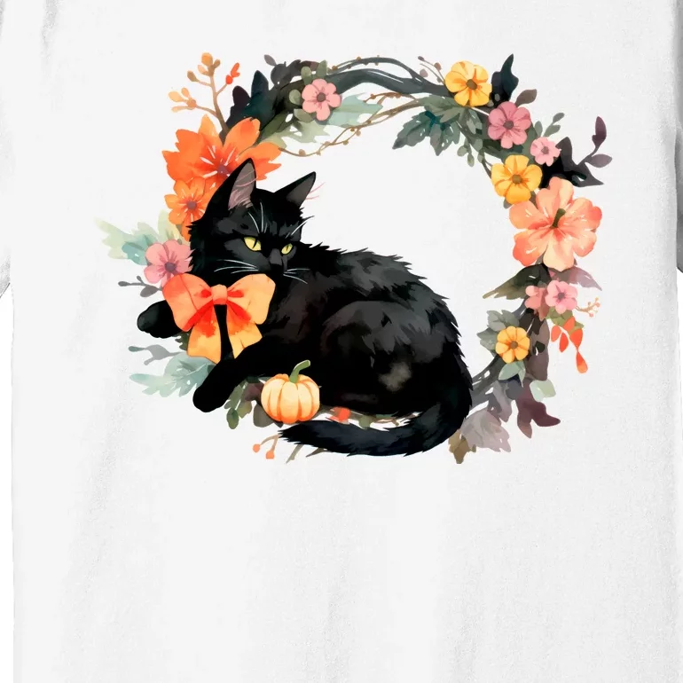 Floral Halloween Wreath Cute Black Cat Premium T-Shirt