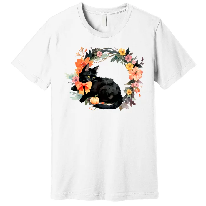 Floral Halloween Wreath Cute Black Cat Premium T-Shirt