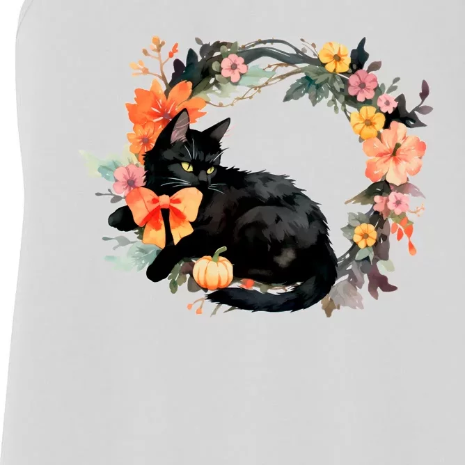 Floral Halloween Wreath Cute Black Cat Women's Racerback Tank