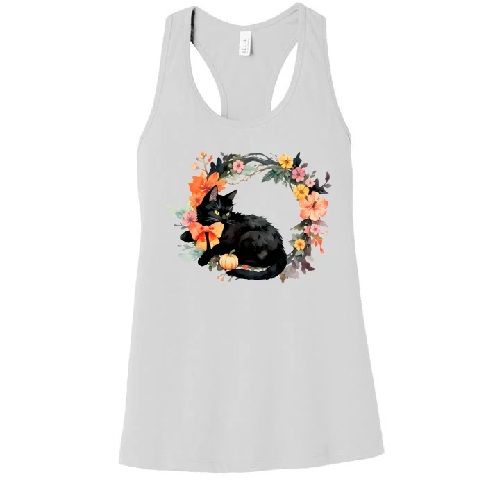 Floral Halloween Wreath Cute Black Cat Women's Racerback Tank