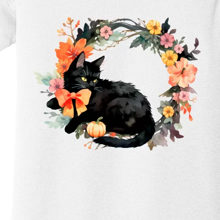 Floral Halloween Wreath Cute Black Cat Baby Bodysuit