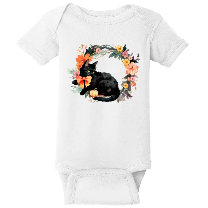 Floral Halloween Wreath Cute Black Cat Baby Bodysuit