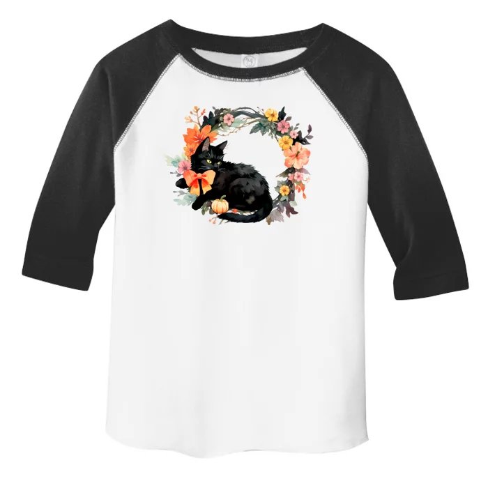 Floral Halloween Wreath Cute Black Cat Toddler Fine Jersey T-Shirt