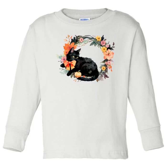 Floral Halloween Wreath Cute Black Cat Toddler Long Sleeve Shirt