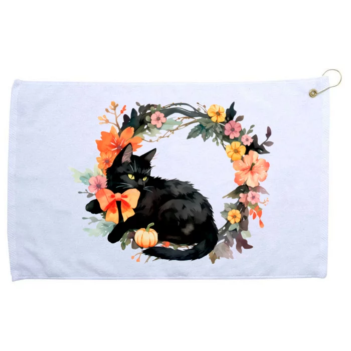 Floral Halloween Wreath Cute Black Cat Grommeted Golf Towel