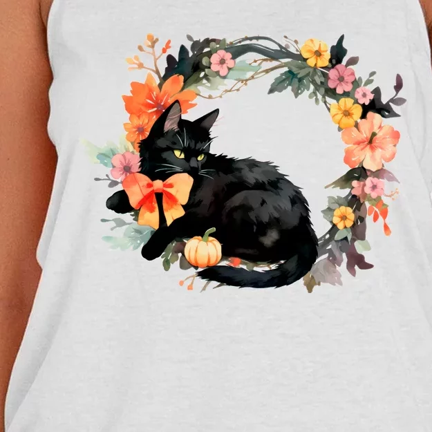 Floral Halloween Wreath Cute Black Cat Women's Knotted Racerback Tank