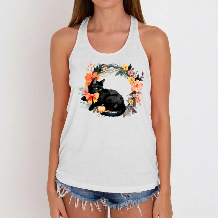 Floral Halloween Wreath Cute Black Cat Women's Knotted Racerback Tank