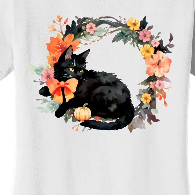 Floral Halloween Wreath Cute Black Cat Women's T-Shirt