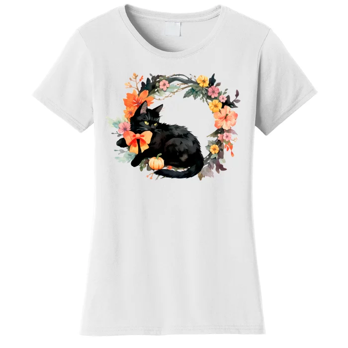 Floral Halloween Wreath Cute Black Cat Women's T-Shirt