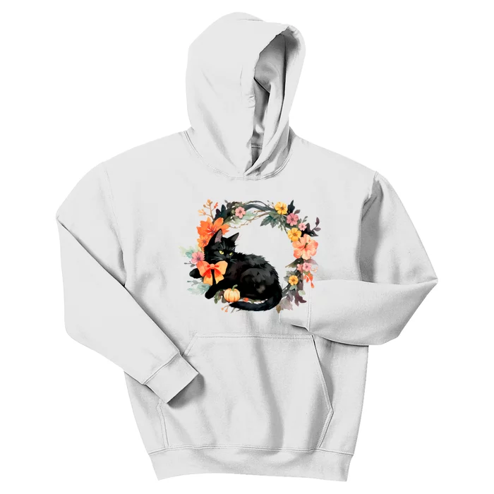 Floral Halloween Wreath Cute Black Cat Kids Hoodie