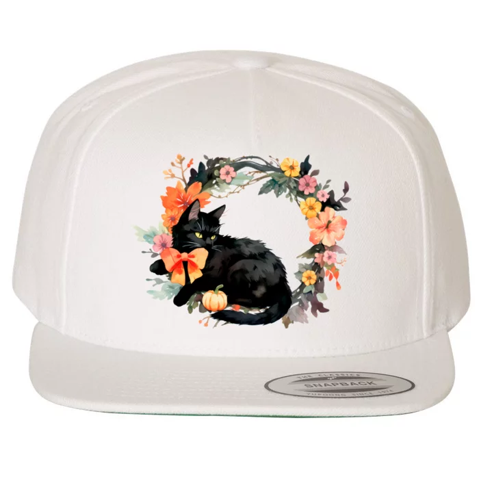 Floral Halloween Wreath Cute Black Cat Wool Snapback Cap