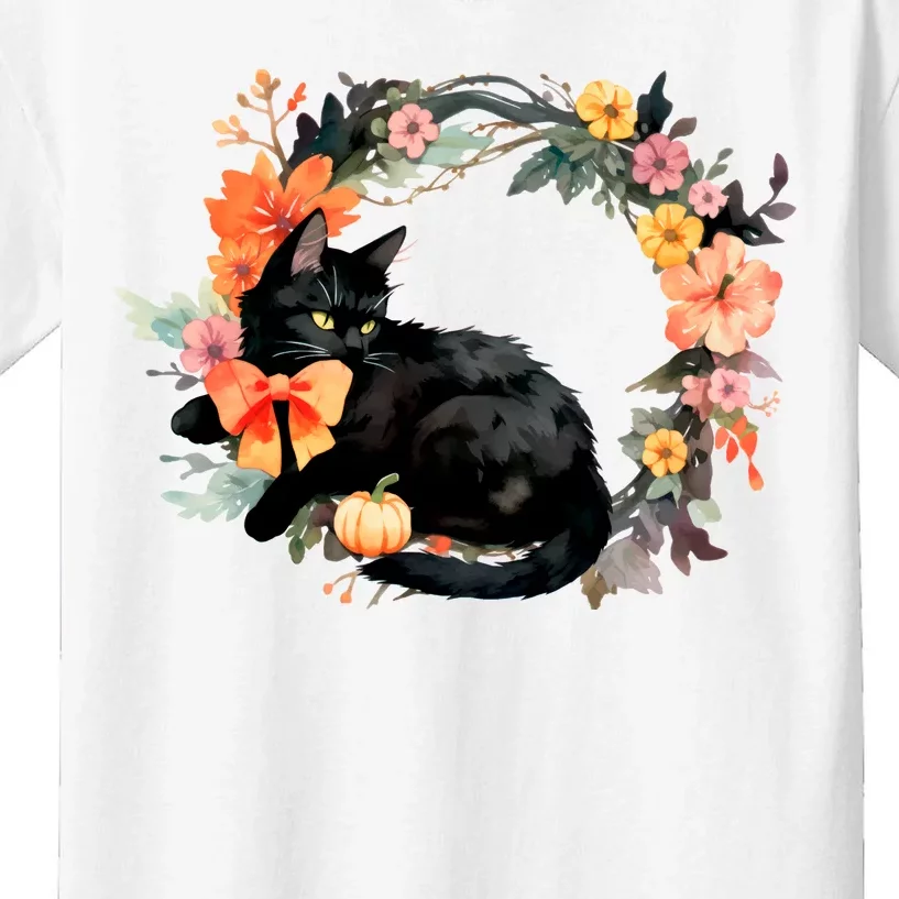 Floral Halloween Wreath Cute Black Cat Kids T-Shirt